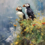 Iceland Puffins on a flowery cliff edge
